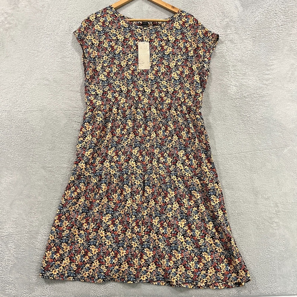 Emery Rose A Line Dress Women Large Multicolor Floral Stretch Pleated Cap Sleeve